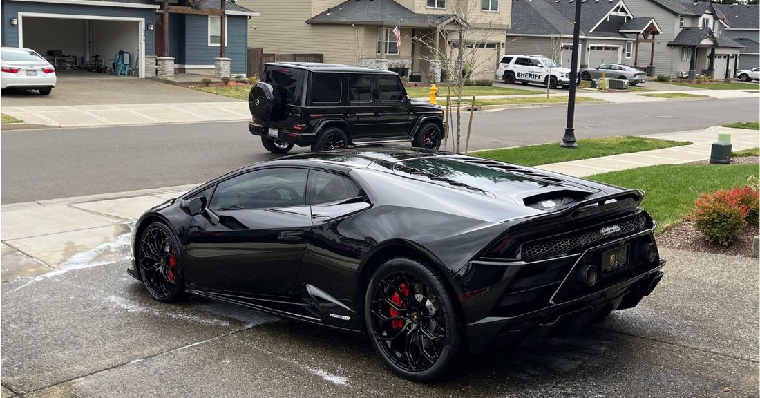 Full detail on Black Lamborghini Huracán in a residential driveway in Portland Oregon by Cruz Detailing